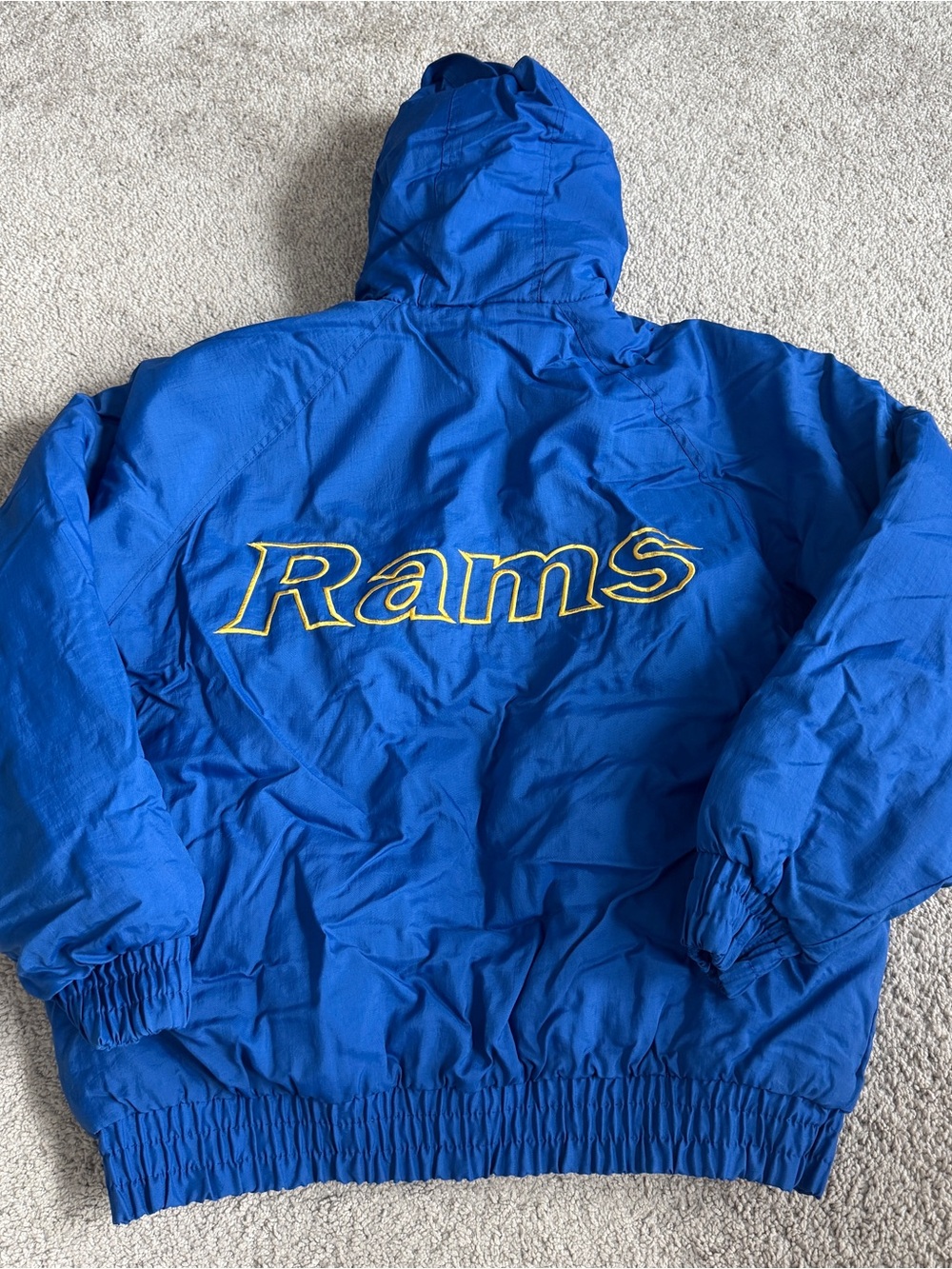 Vintage 90s St Louis Rams Puffer Jacket XL Game Day Blue Gold Hooded 27x27